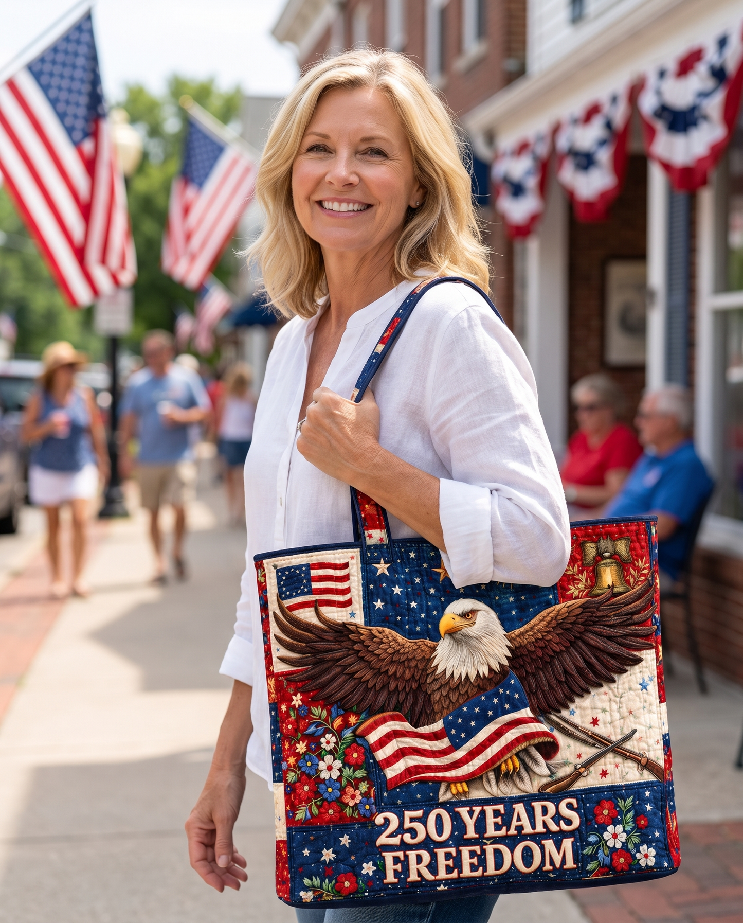 Woman carrying the USA Patriotic Eagle Tote Bag