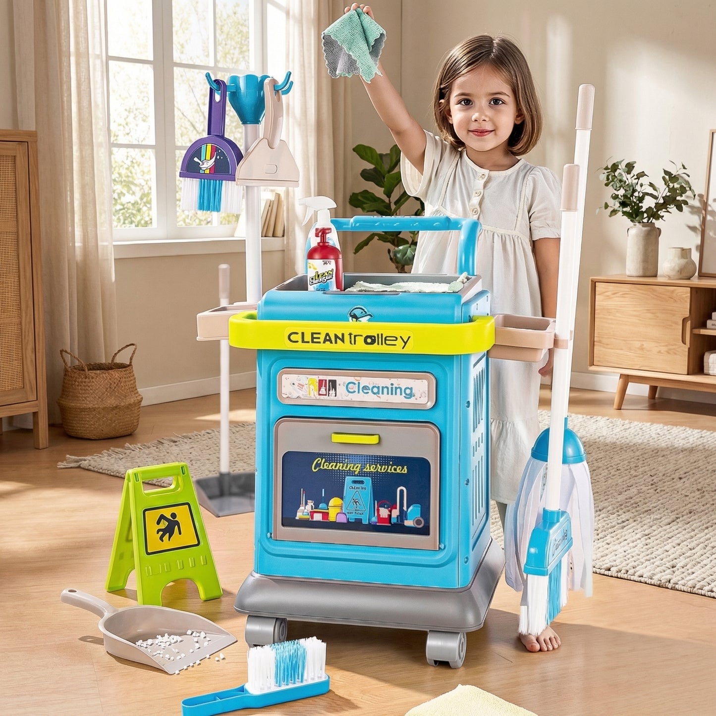 Interactieve Schoonmaaktrolley voor Kinderen – Educatief rollenspel speelgoed voor zelfstandigheid, vaardigheden en minder schermtijd