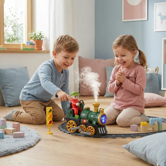 Schattige speelgoed stoomlocomotief met licht, muziek en stoom-effect