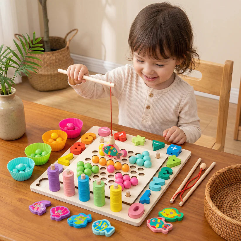 Montessori 6-in-1 houten visspel – educatief spel voor cijfers, kleuren en fijne motoriek