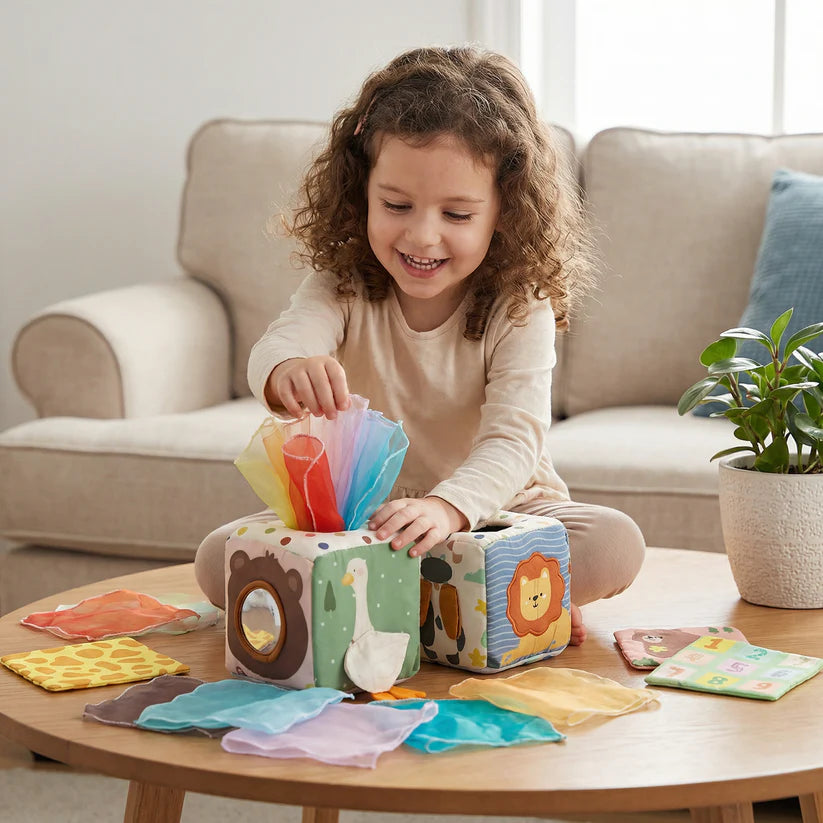 Montessori baby sensorische doekjesbox – zacht knisper- en voelspel
