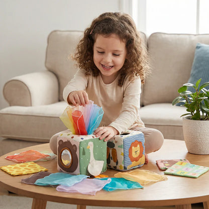 Montessori baby sensorische doekjesbox – zacht knisper- en voelspel