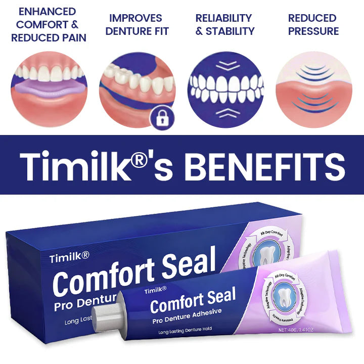 Timilk® Comfort Seal Pro kleefmiddel voor kunstgebitten 🦷💜 FDA-gecertificeerd — klinisch bewezen sterke fixatie tot 96 uur voor een veilig, comfortabel en zinkvrij passend kunstgebit.