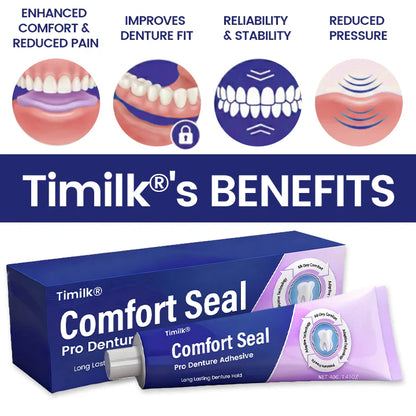 Timilk® Comfort Seal Pro kleefmiddel voor kunstgebitten 🦷💜 FDA-gecertificeerd — klinisch bewezen sterke fixatie tot 96 uur voor een veilig, comfortabel en zinkvrij passend kunstgebit.