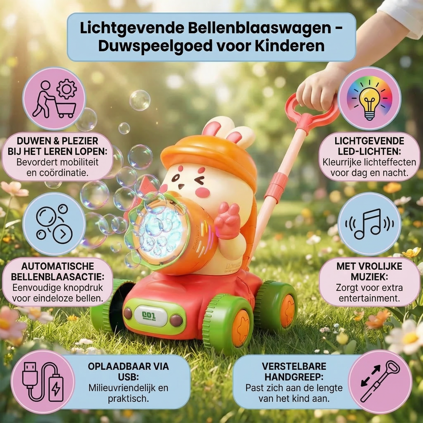Lichtgevende zeepbellenauto – Duwspeelgoed voor kinderen