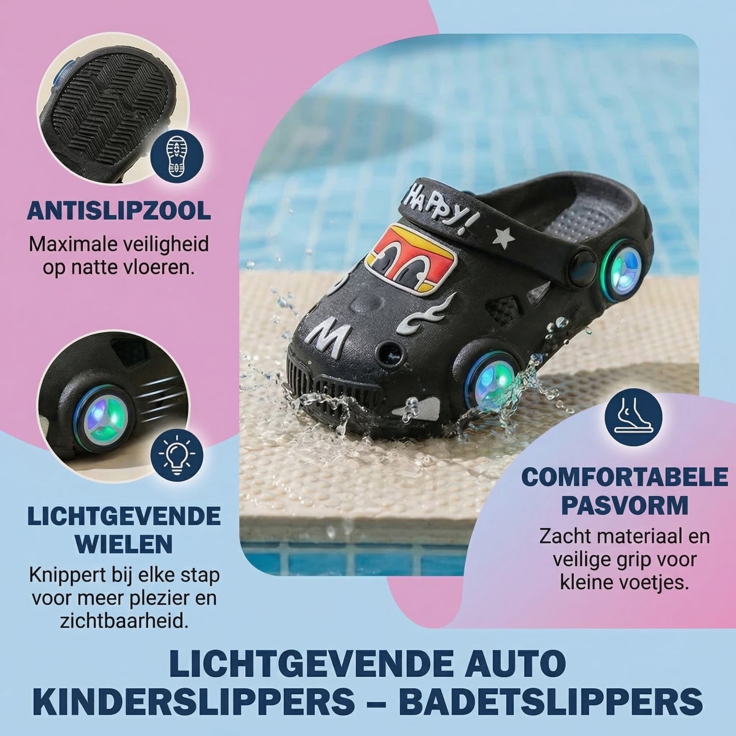 Lichtgevende auto kinderslippers – badslippers met antislipzool