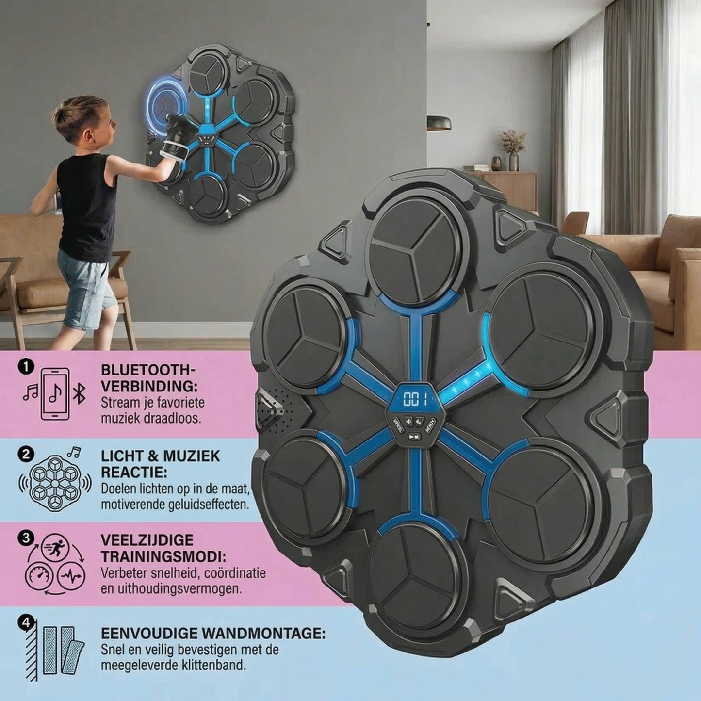 Bluetooth muziek bokstrainer voor de muur – Interactief bokstarget met licht & geluid