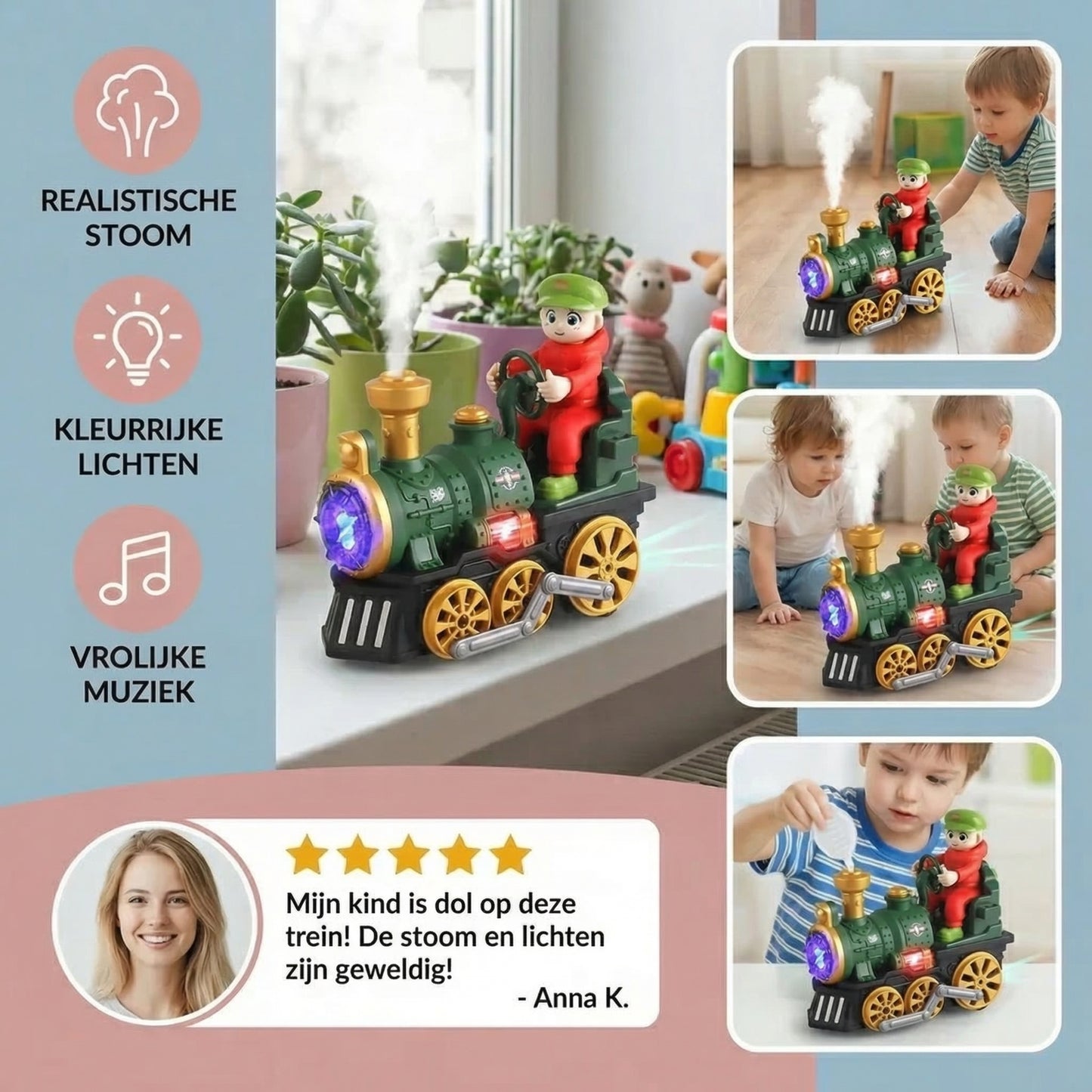 Schattige speelgoed stoomlocomotief met licht, muziek en stoom-effect