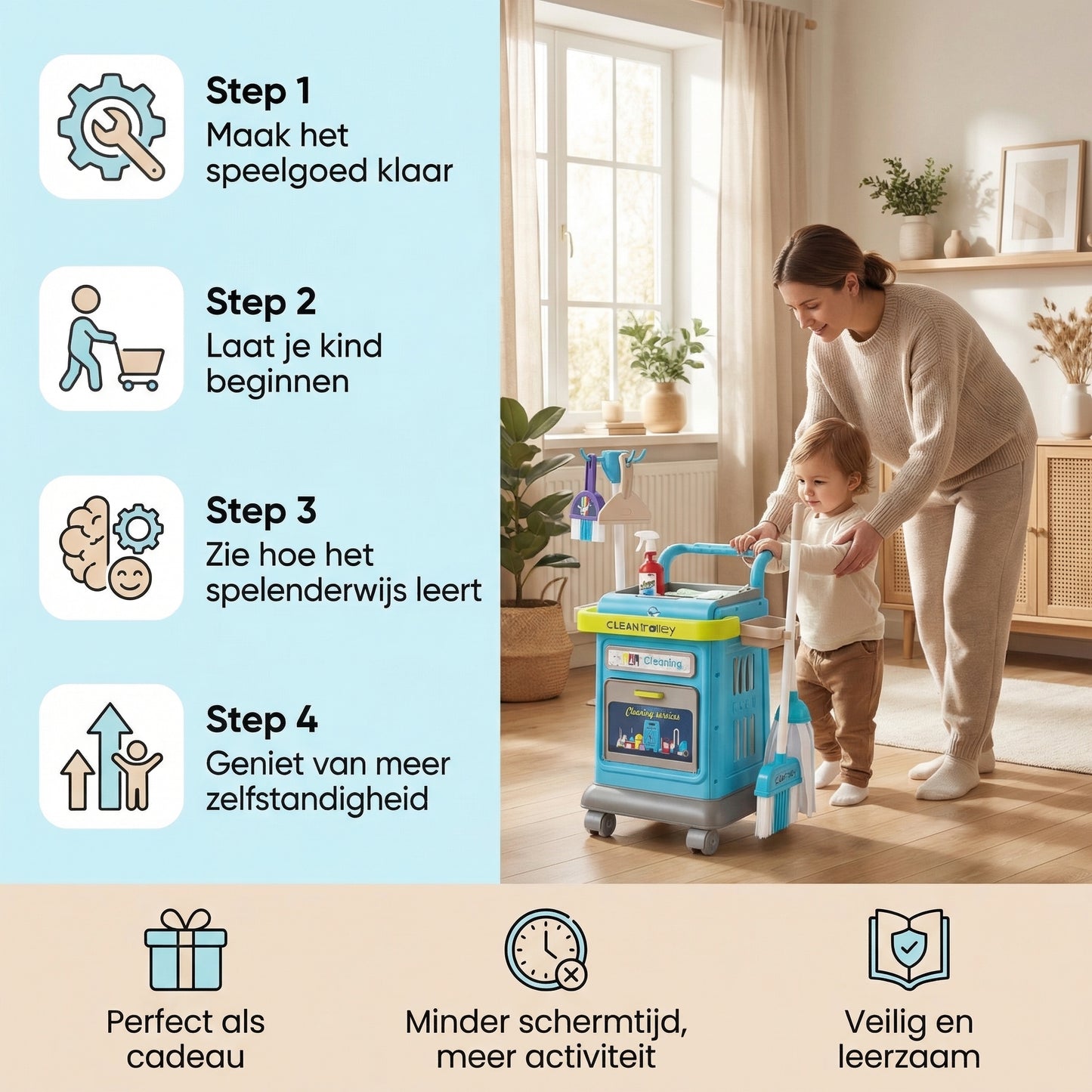 Interactieve Schoonmaaktrolley voor Kinderen – Educatief rollenspel speelgoed voor zelfstandigheid, vaardigheden en minder schermtijd