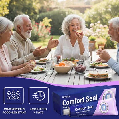 Timilk® Comfort Seal Pro kleefmiddel voor kunstgebitten 🦷💜 FDA-gecertificeerd — klinisch bewezen sterke fixatie tot 96 uur voor een veilig, comfortabel en zinkvrij passend kunstgebit.