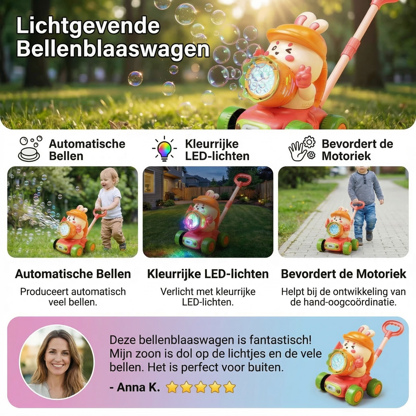 Lichtgevende zeepbellenauto – Duwspeelgoed voor kinderen
