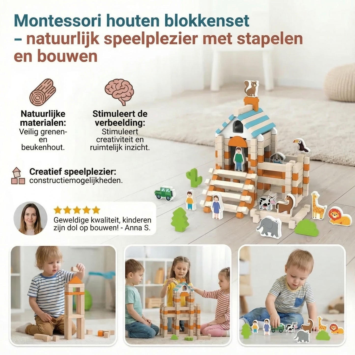 Montessori houten blokken set – natuurlijk bouwen en spelen