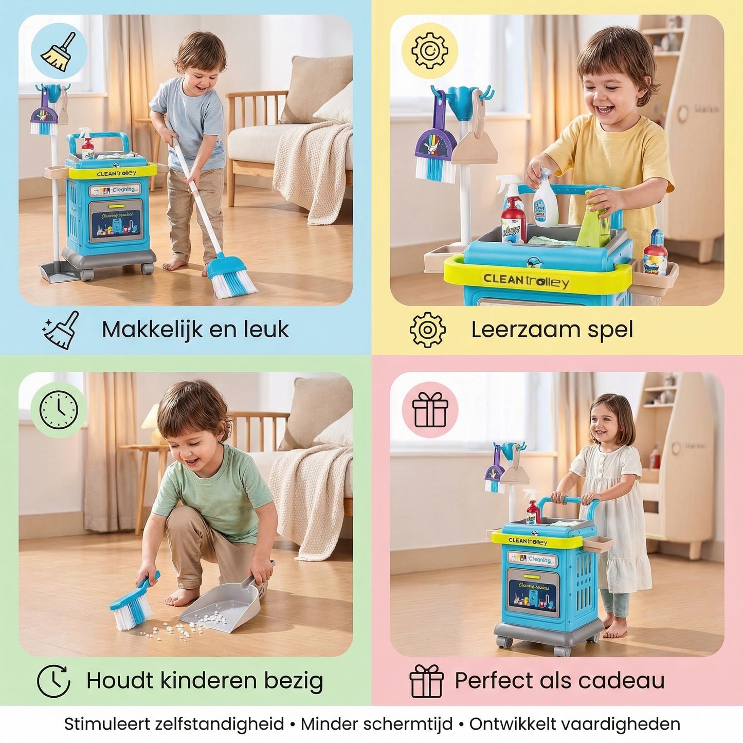 Interactieve Schoonmaaktrolley voor Kinderen – Educatief rollenspel speelgoed voor zelfstandigheid, vaardigheden en minder schermtijd