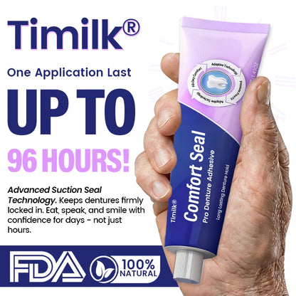 Timilk® Comfort Seal Pro kleefmiddel voor kunstgebitten 🦷💜 FDA-gecertificeerd — klinisch bewezen sterke fixatie tot 96 uur voor een veilig, comfortabel en zinkvrij passend kunstgebit.