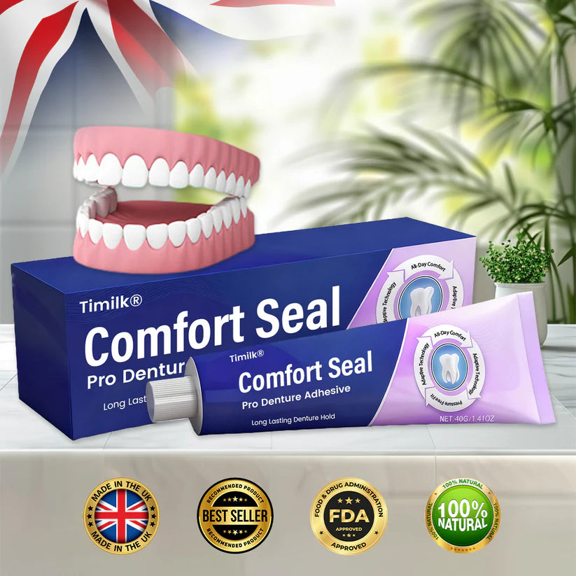 Timilk® Comfort Seal Pro kleefmiddel voor kunstgebitten 🦷💜 FDA-gecertificeerd — klinisch bewezen sterke fixatie tot 96 uur voor een veilig, comfortabel en zinkvrij passend kunstgebit.