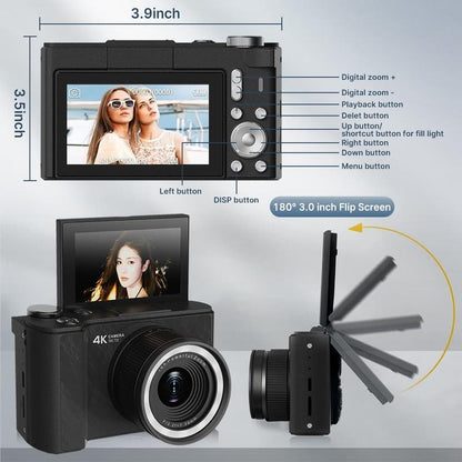 4K Digitale Camera met Flipscherm – 64MP, 18x Zoom & 32GB Kaart Inbegrepen