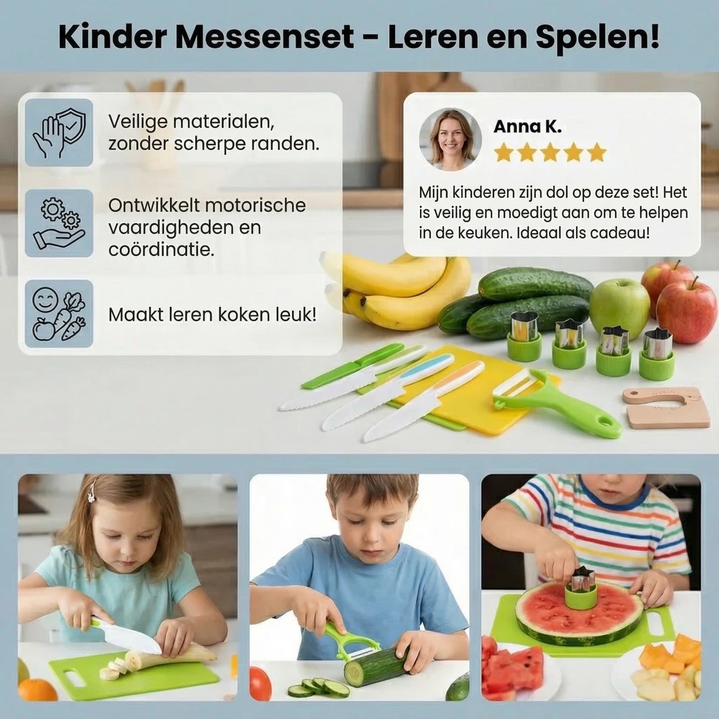 Kinder snijmes set │ Veilige en leuke keukentools om fruit en groenten te leren snijden