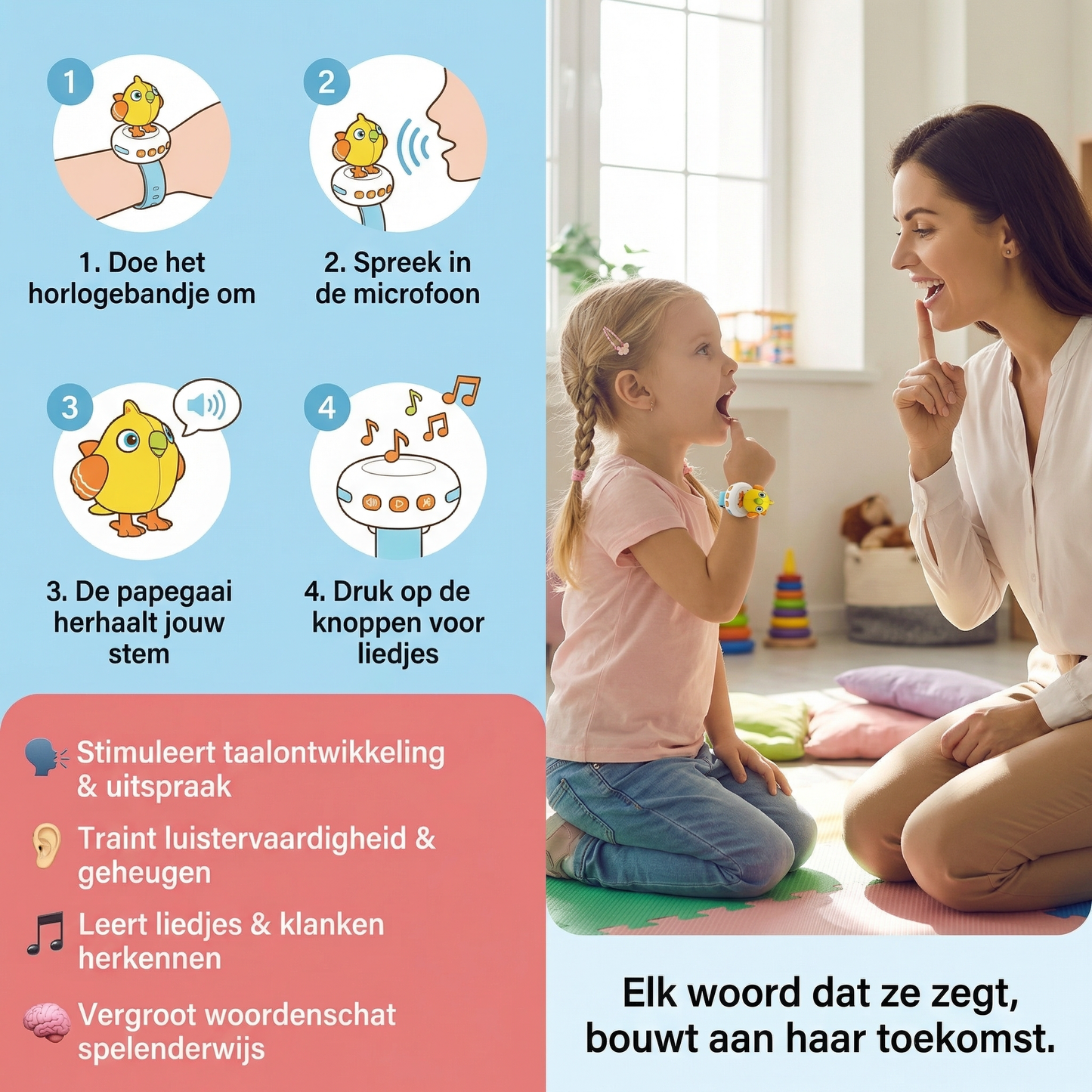 Interactief papegaai-polshorloge met stemherhaling voor baby’s en peuters