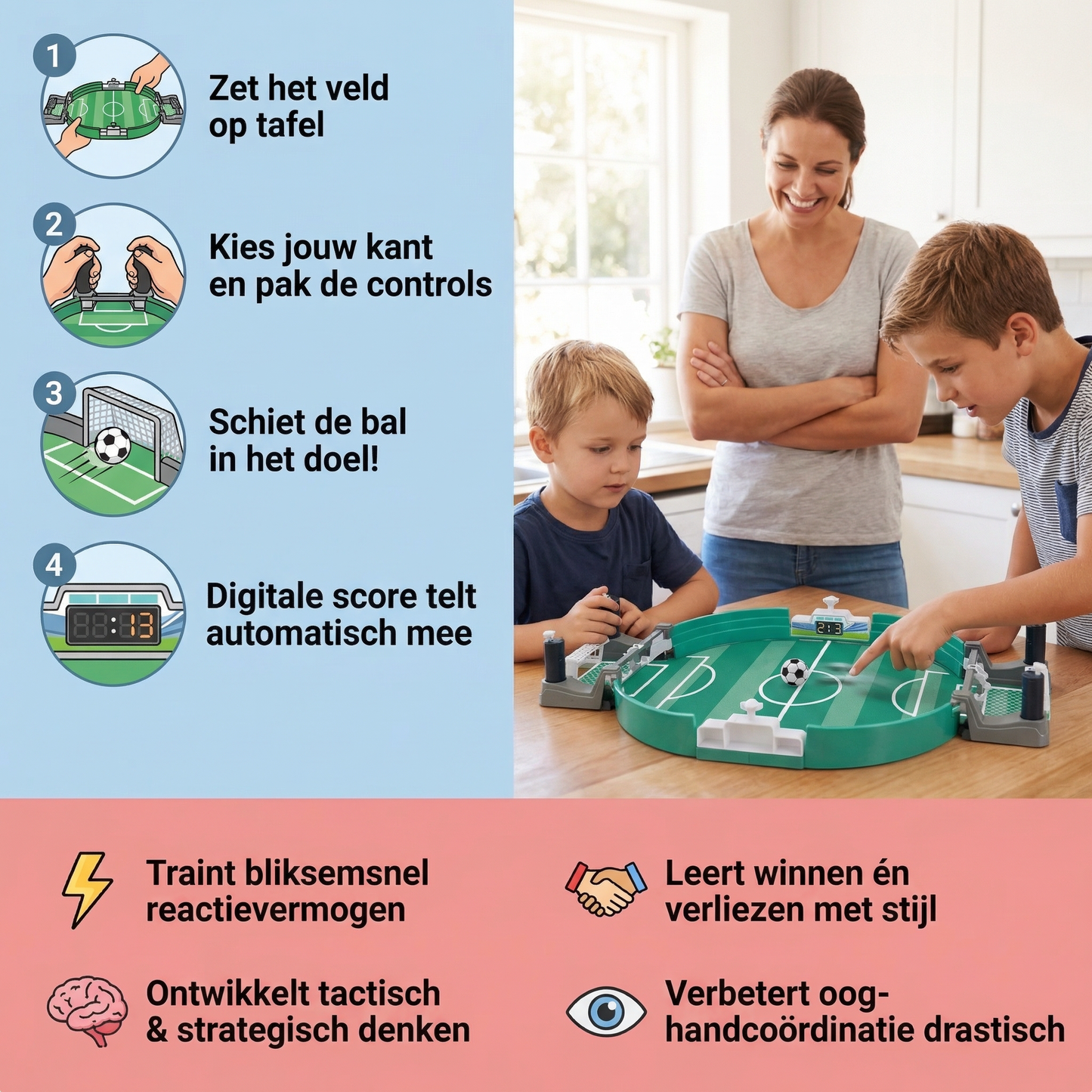 Tafelvoetbalspel met digitale scoreteller voor kinderen en families