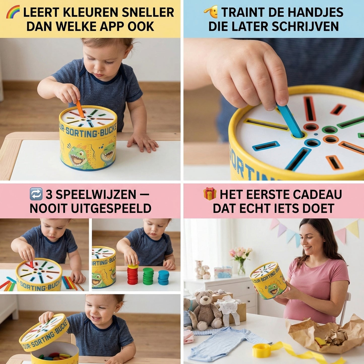 Dinosaurus kleur-sorteerbucket met staafjes en schijfjes voor peuters van 12 maanden tot 4 jaar