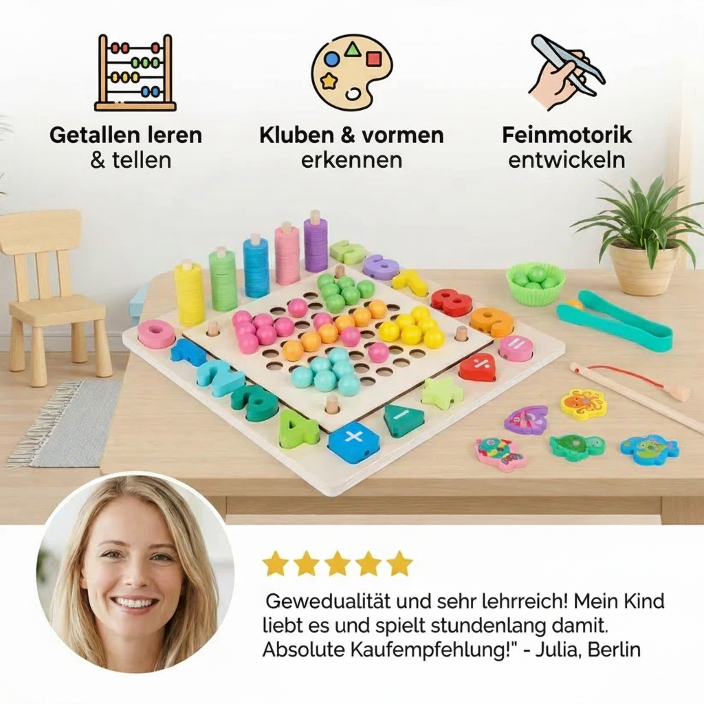 Montessori 6-in-1 houten visspel – educatief spel voor cijfers, kleuren en fijne motoriek