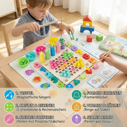 Montessori 6-in-1 houten visspel – educatief spel voor cijfers, kleuren en fijne motoriek