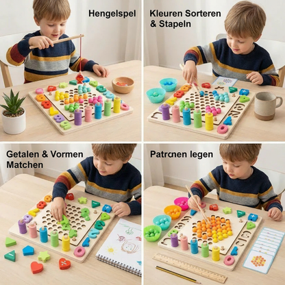 Montessori 6-in-1 houten visspel – educatief spel voor cijfers, kleuren en fijne motoriek