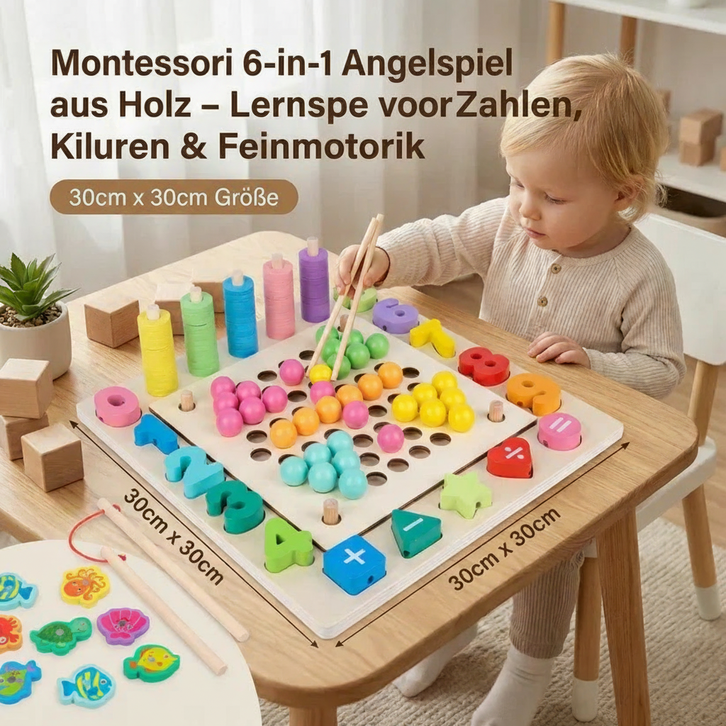 Montessori 6-in-1 houten visspel – educatief spel voor cijfers, kleuren en fijne motoriek
