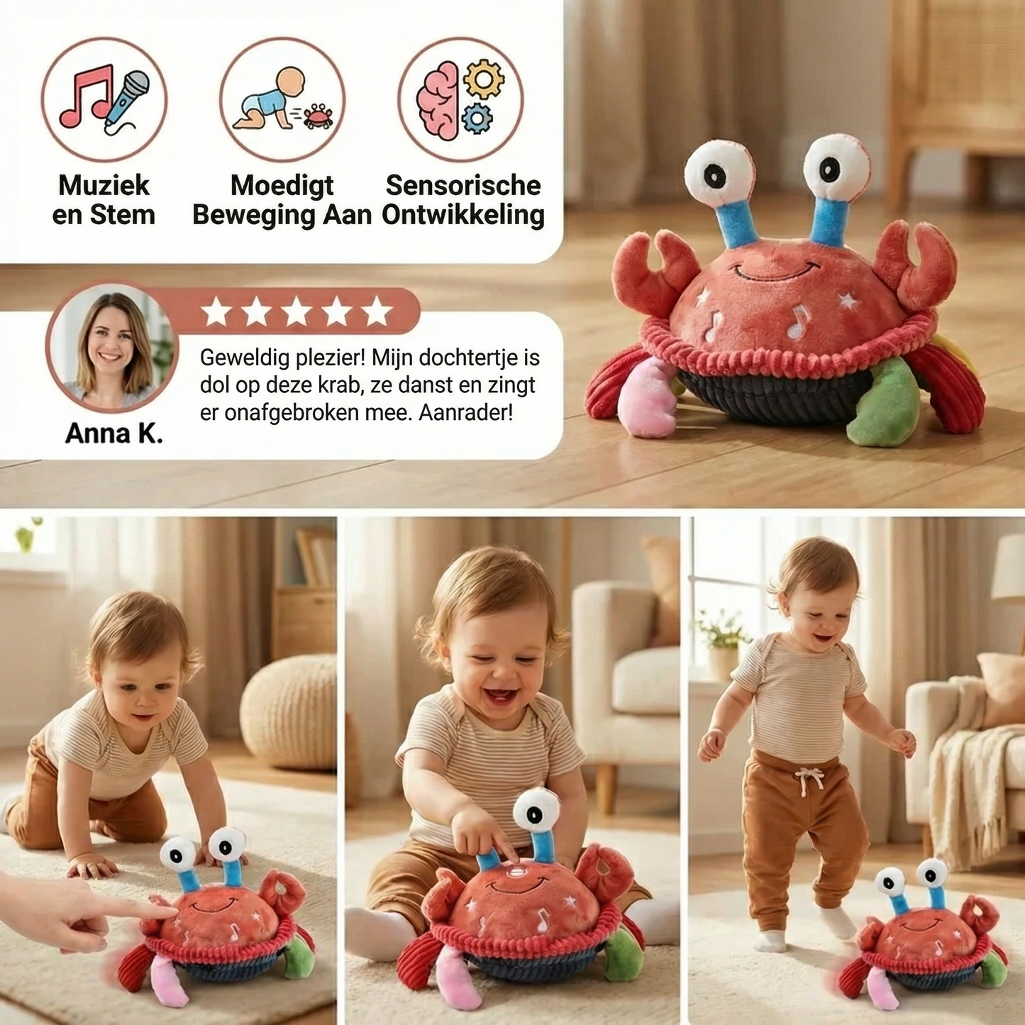 Interactieve muzikale krab met spraakfunctie – bewegend educatief speelgoed voor baby’s