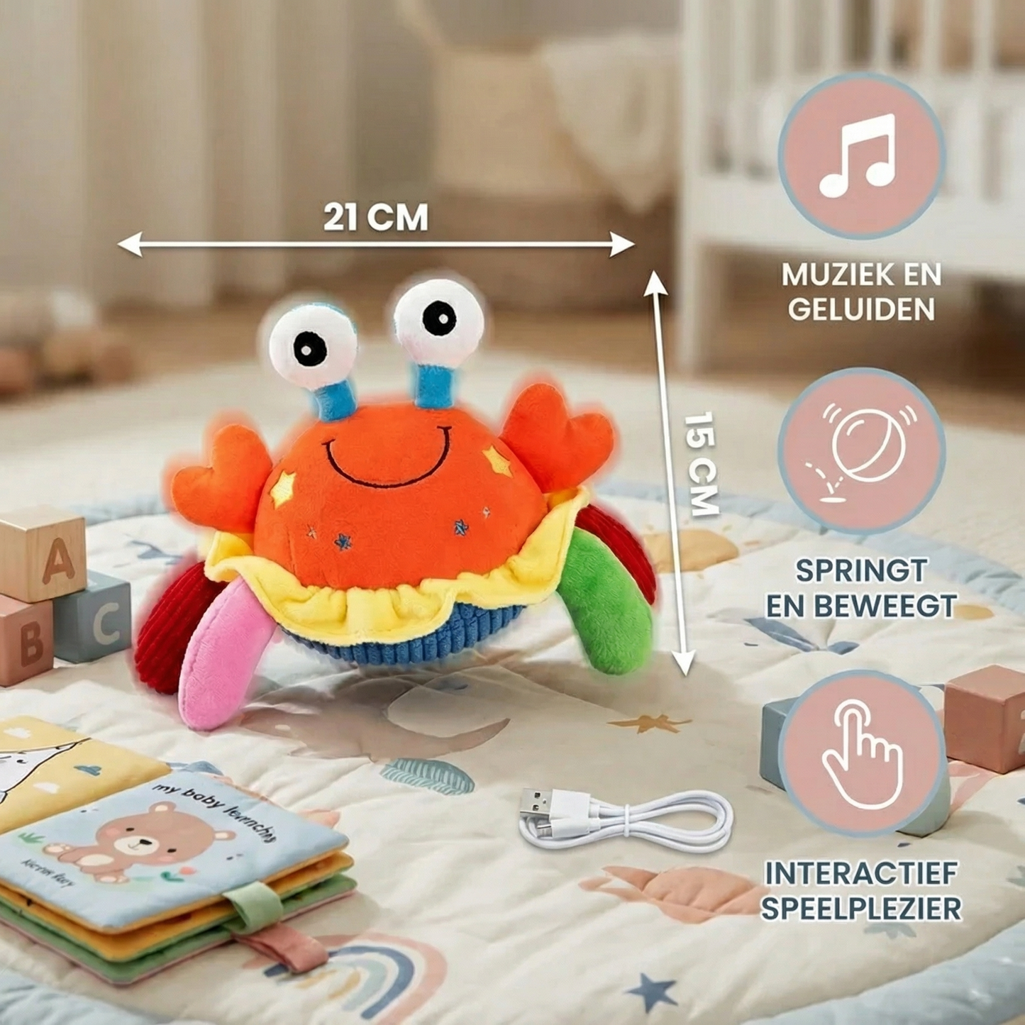 Interactieve muzikale krab met spraakfunctie – bewegend educatief speelgoed voor baby’s