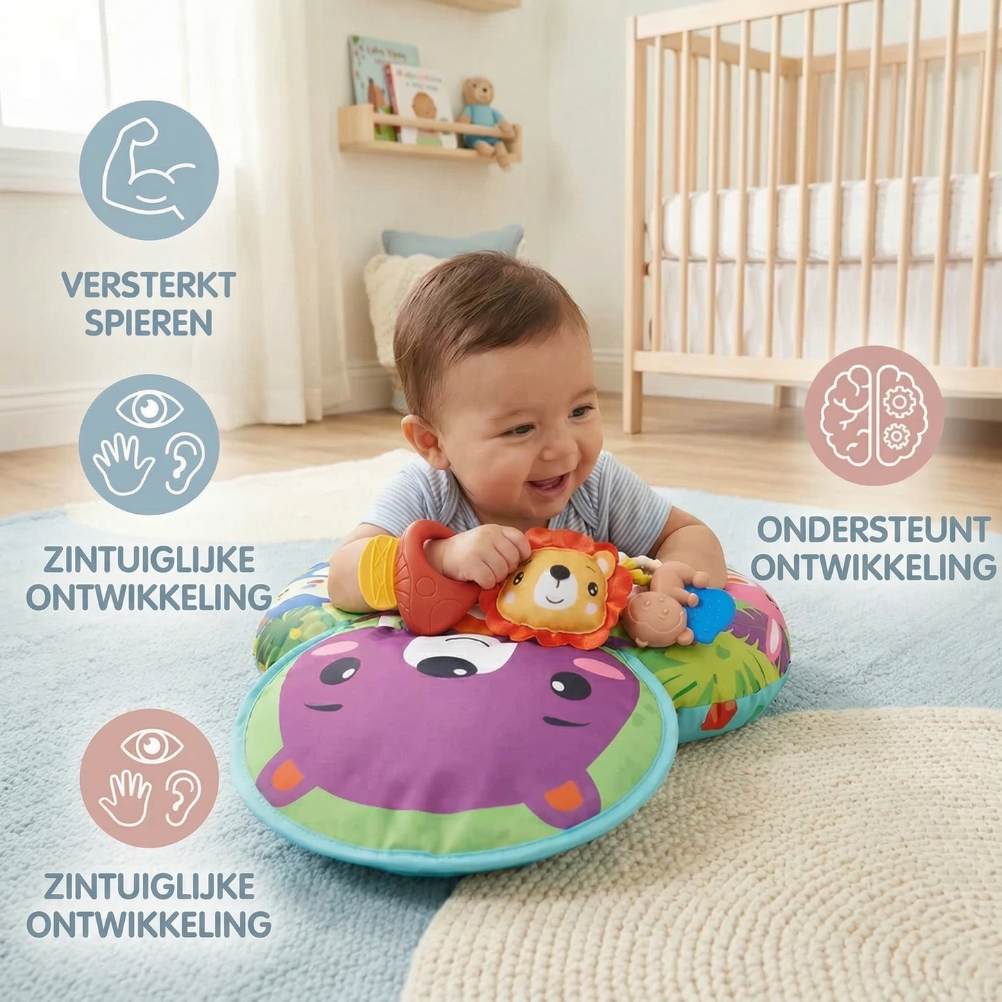 Buikligkussen voor baby’s met speelboog – ondersteunt zintuiglijke en vroege ontwikkeling