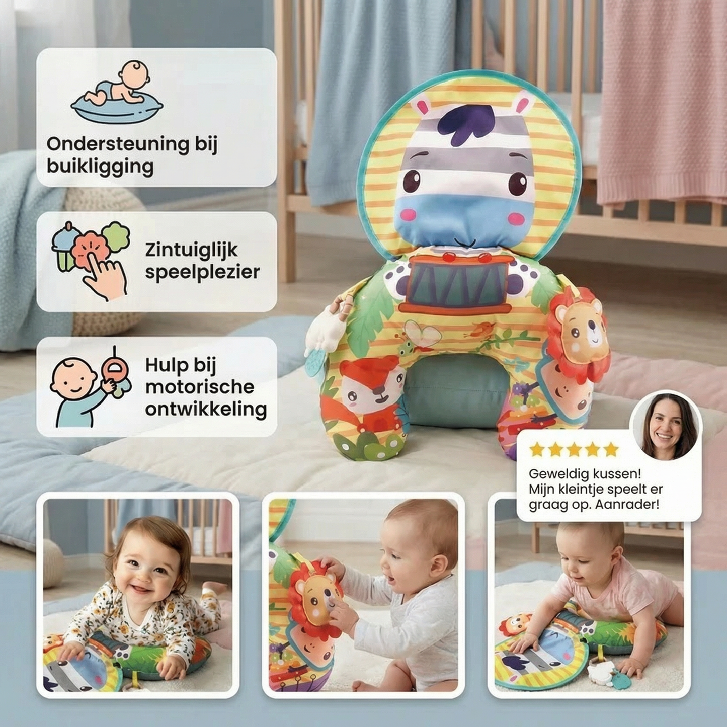 Buikligkussen voor baby’s met speelboog – ondersteunt zintuiglijke en vroege ontwikkeling