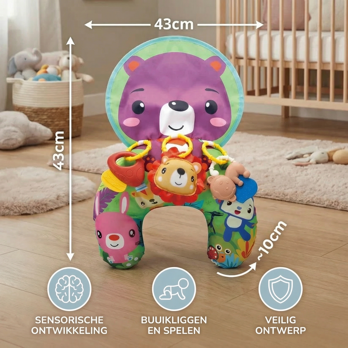 Buikligkussen voor baby’s met speelboog – ondersteunt zintuiglijke en vroege ontwikkeling
