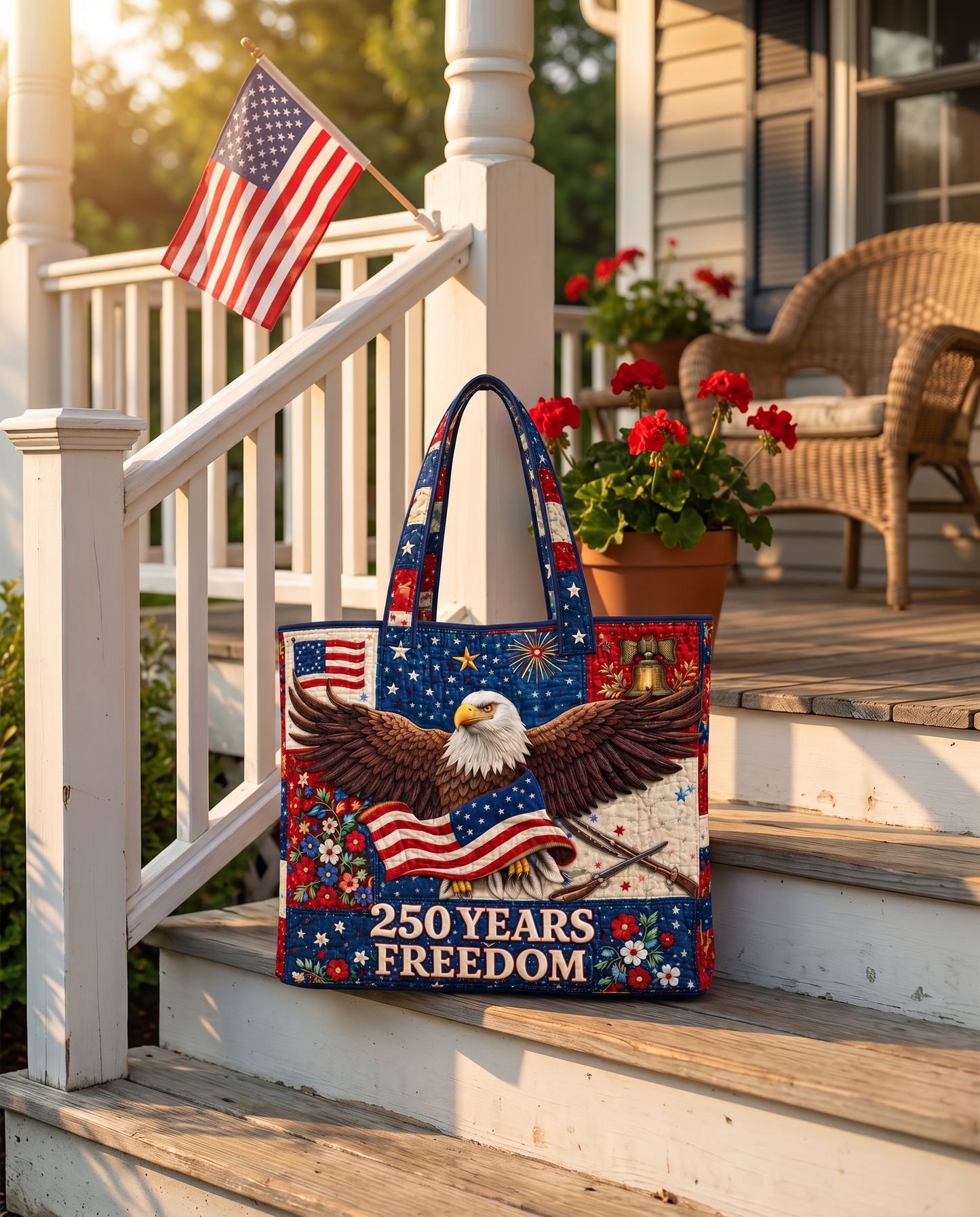 USA Patriotic Eagle Tote Bag on a front porch